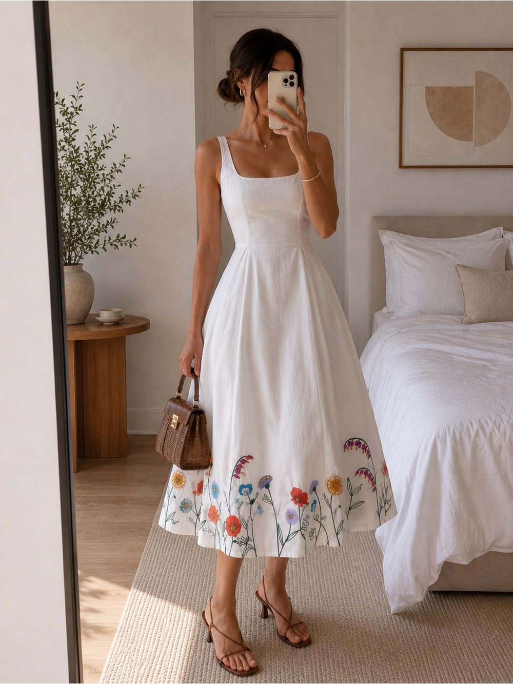 Staud Wells Floral Embroidered Cotton Fit & Flare Midi Dress White Size 2 NWT